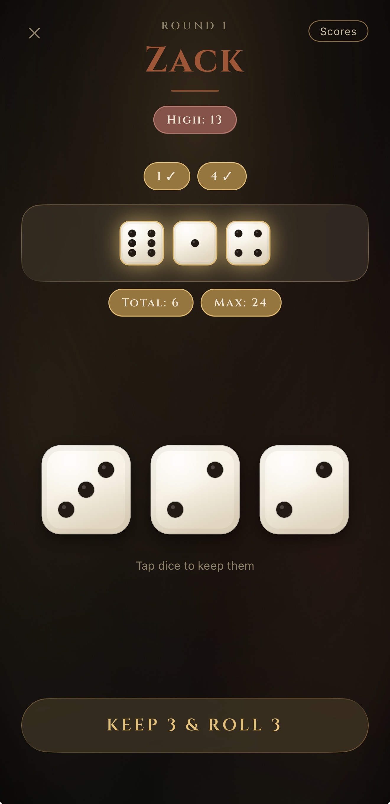 Gameplay dice screen