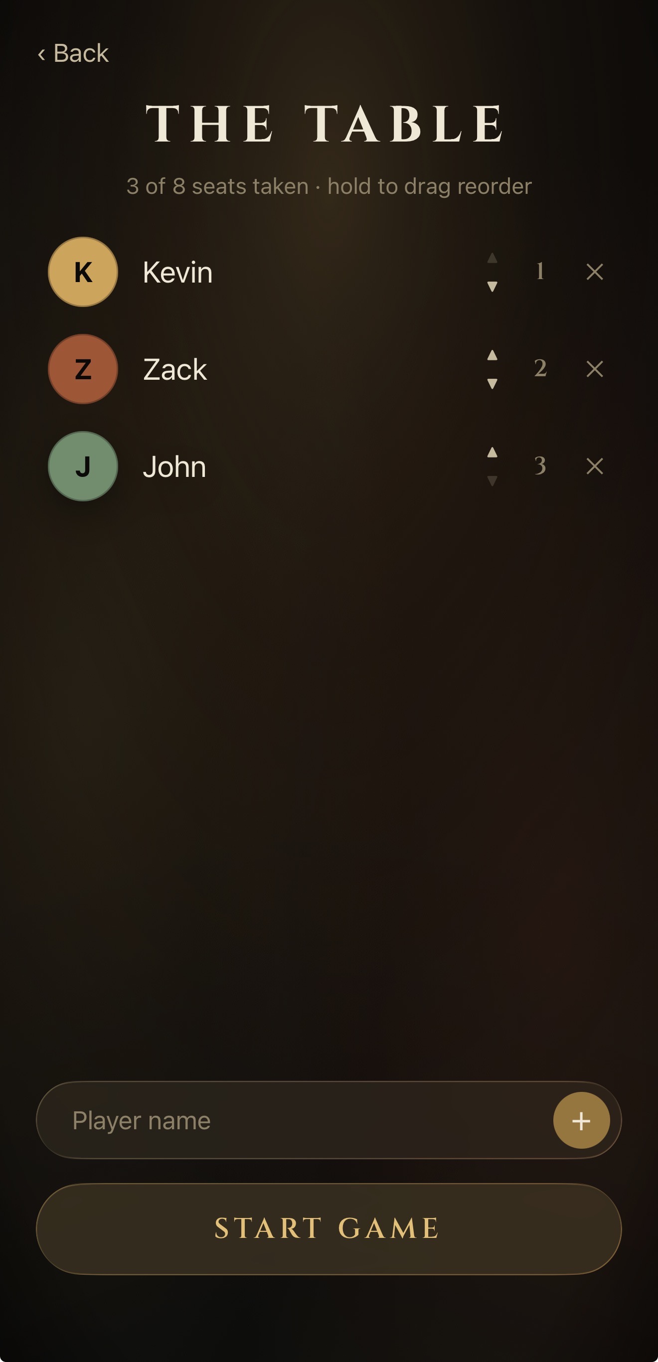 Player table screen